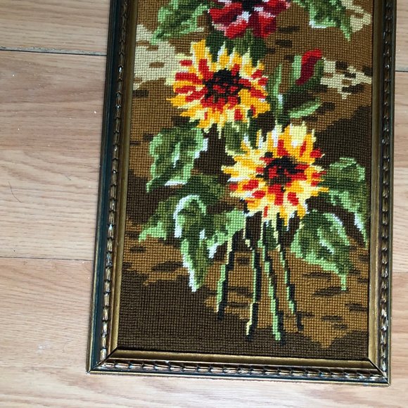Beautiful needlework framed red yellow flowers home wall decoration - Picture 4 of 6